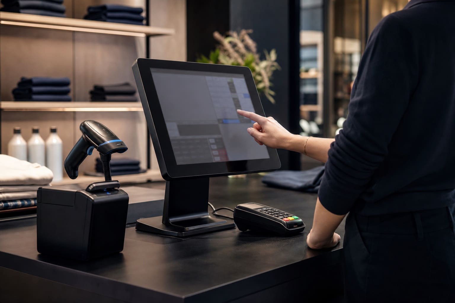 Medewerker bedient een compleet kassasysteem in een moderne winkel