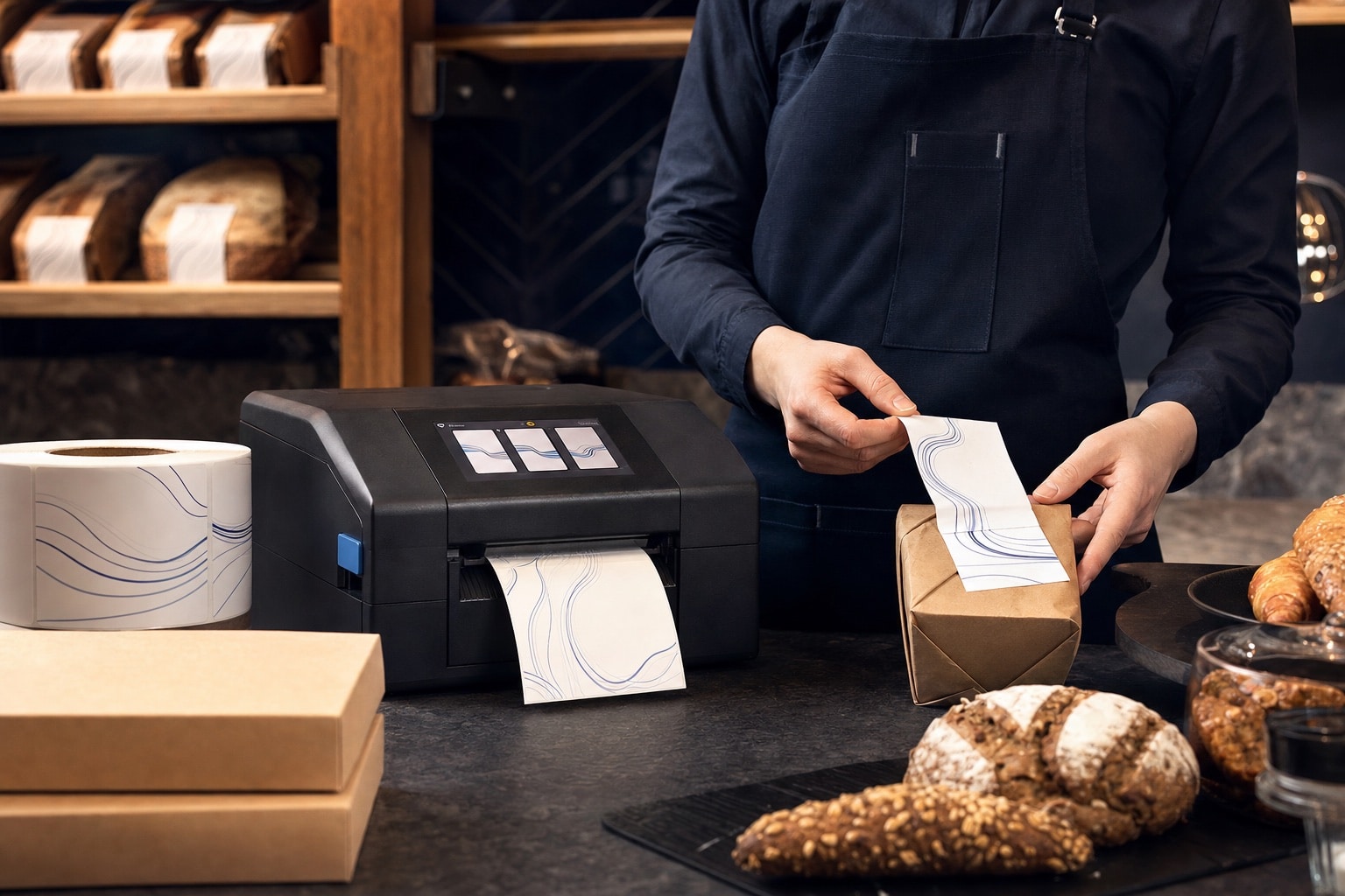 Medewerker gebruikt een labelprinter voor productverpakking