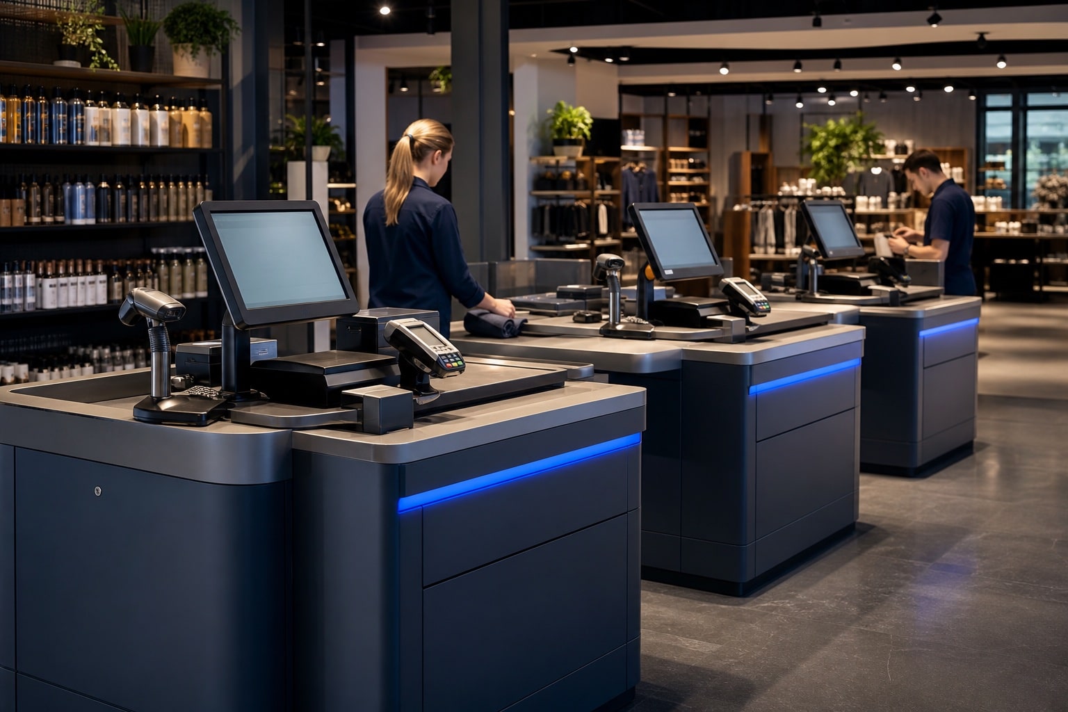 Drie verbonden kassawerkplekken in een moderne winkel