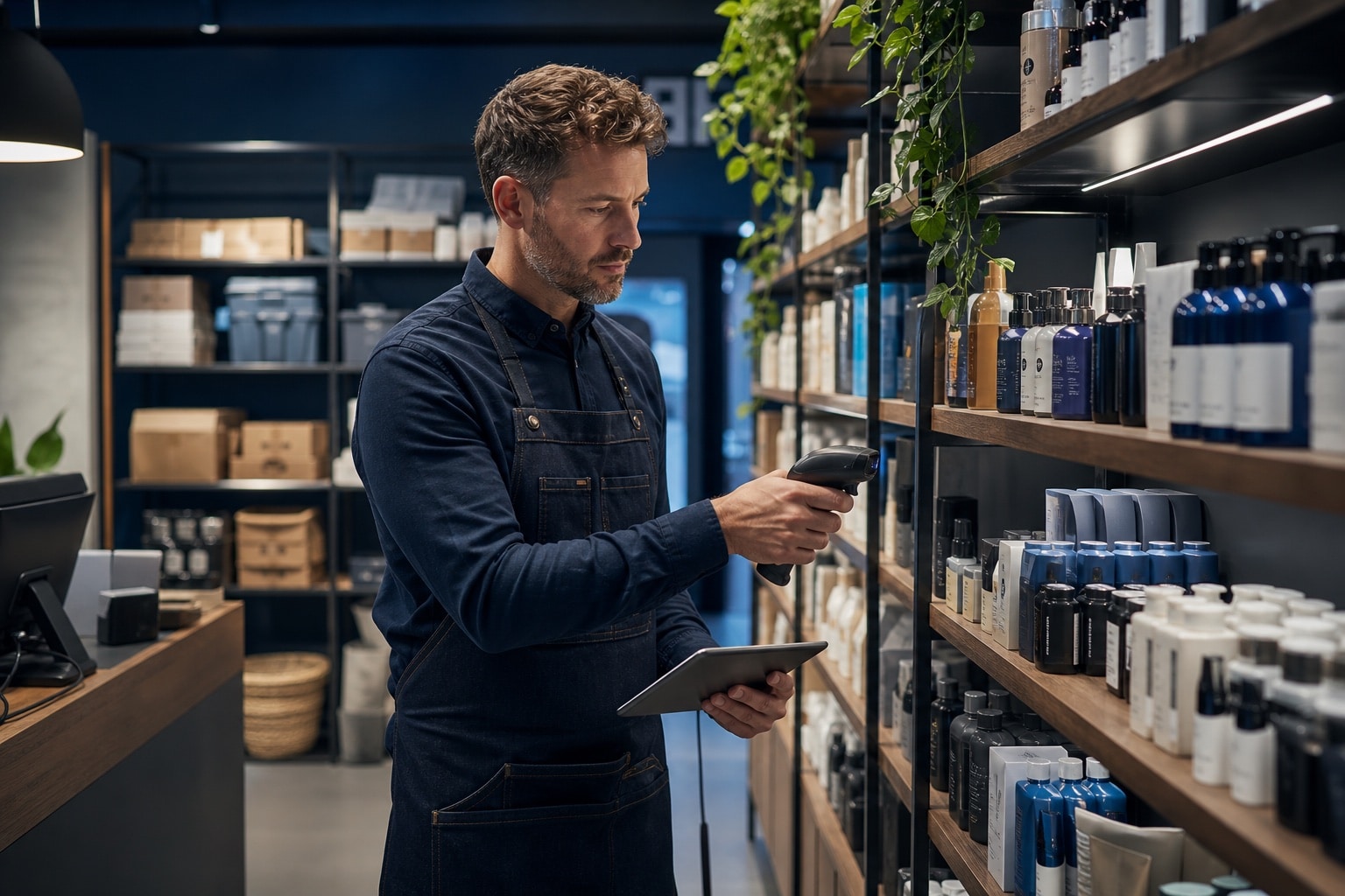 Winkelmedewerker scant voorraad in een gevuld winkelrek