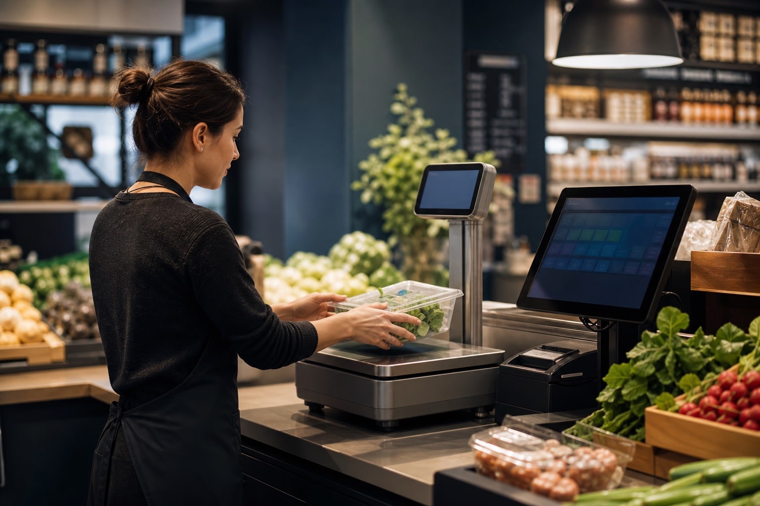 Medewerker weegt verse producten aan een gekoppelde winkelweegschaal