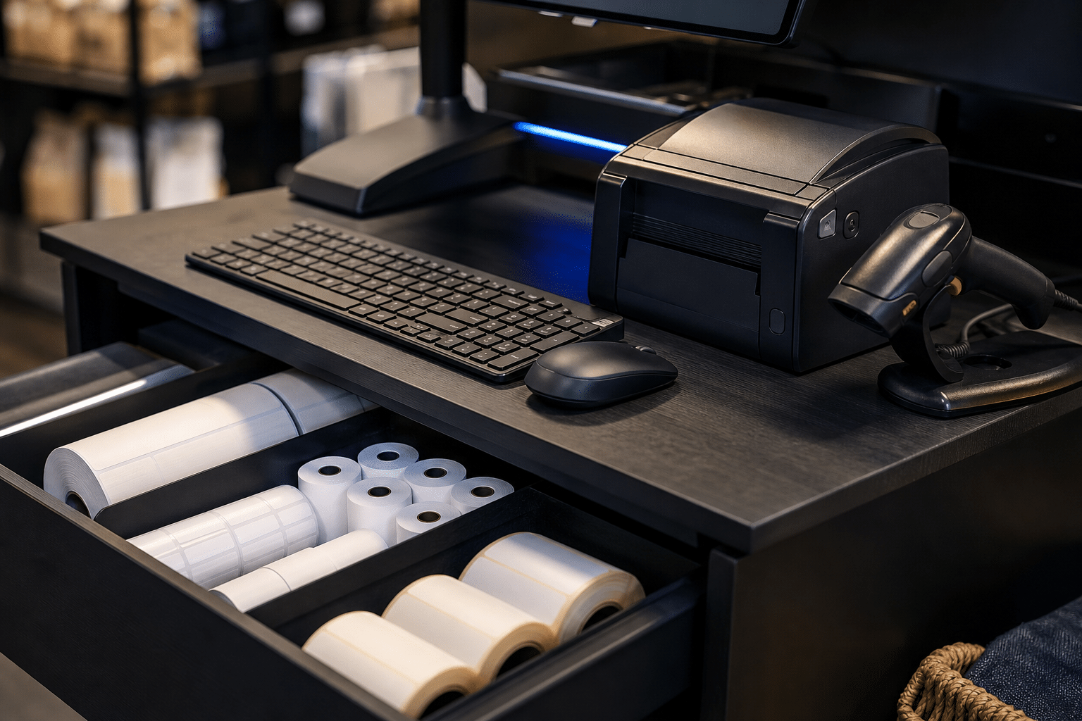 Geordende kassawerkplek met toetsenbord, muis, printer, scanner en labelrollen